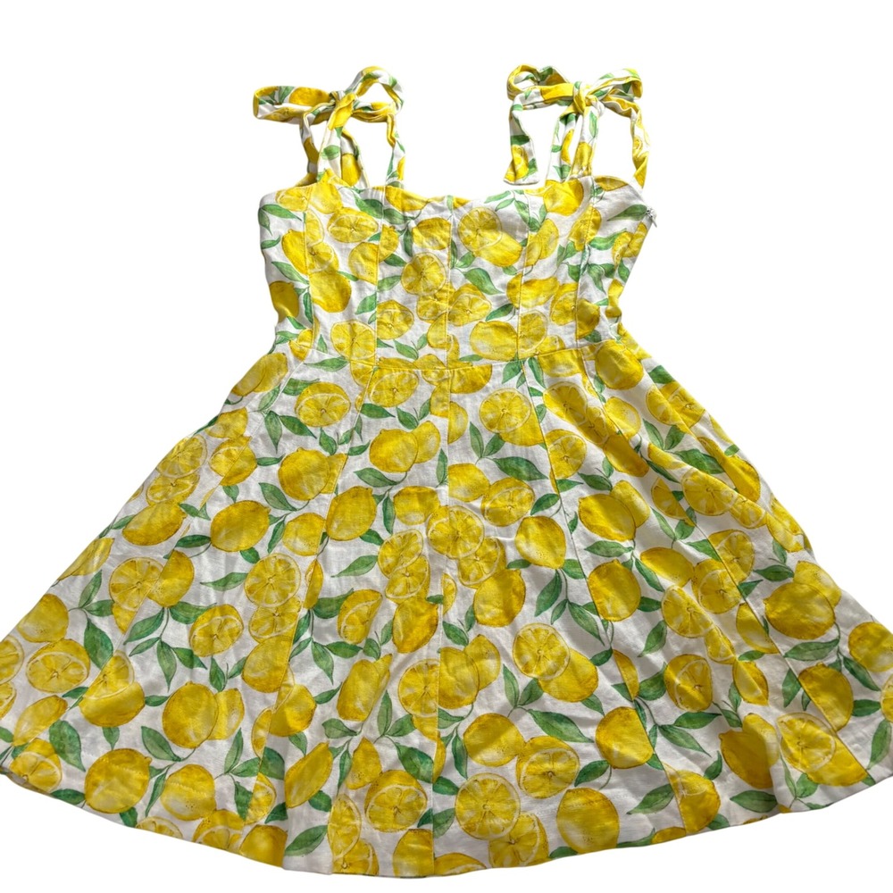 Zara Lemon Print Linen Blend Mini Dress‎ Yellow White Tie Strap Summer Small